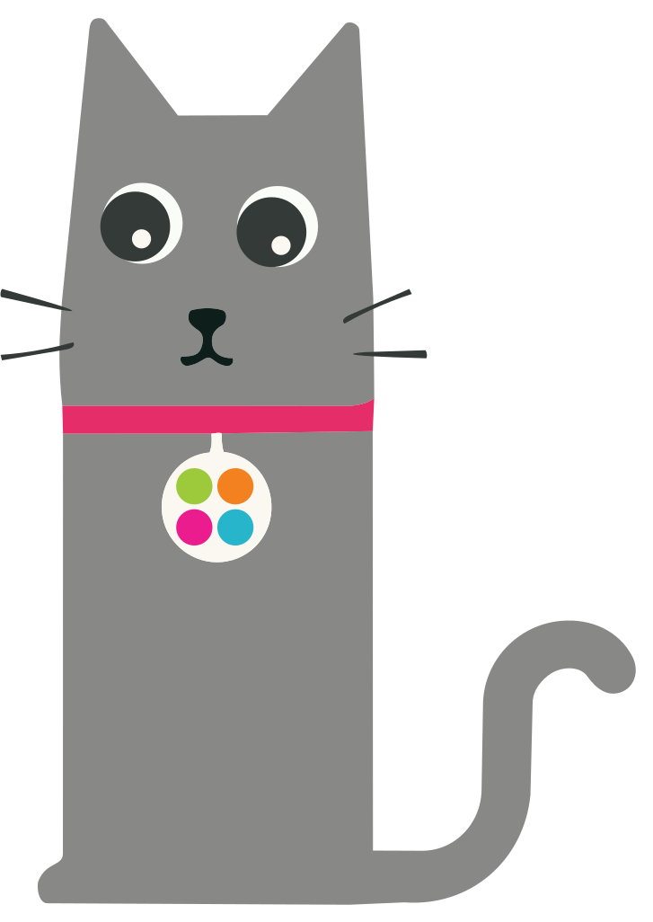 Illustration of Ziggy the grey cat, Pet Health Hub mascot, wearing a QR pet ID tag