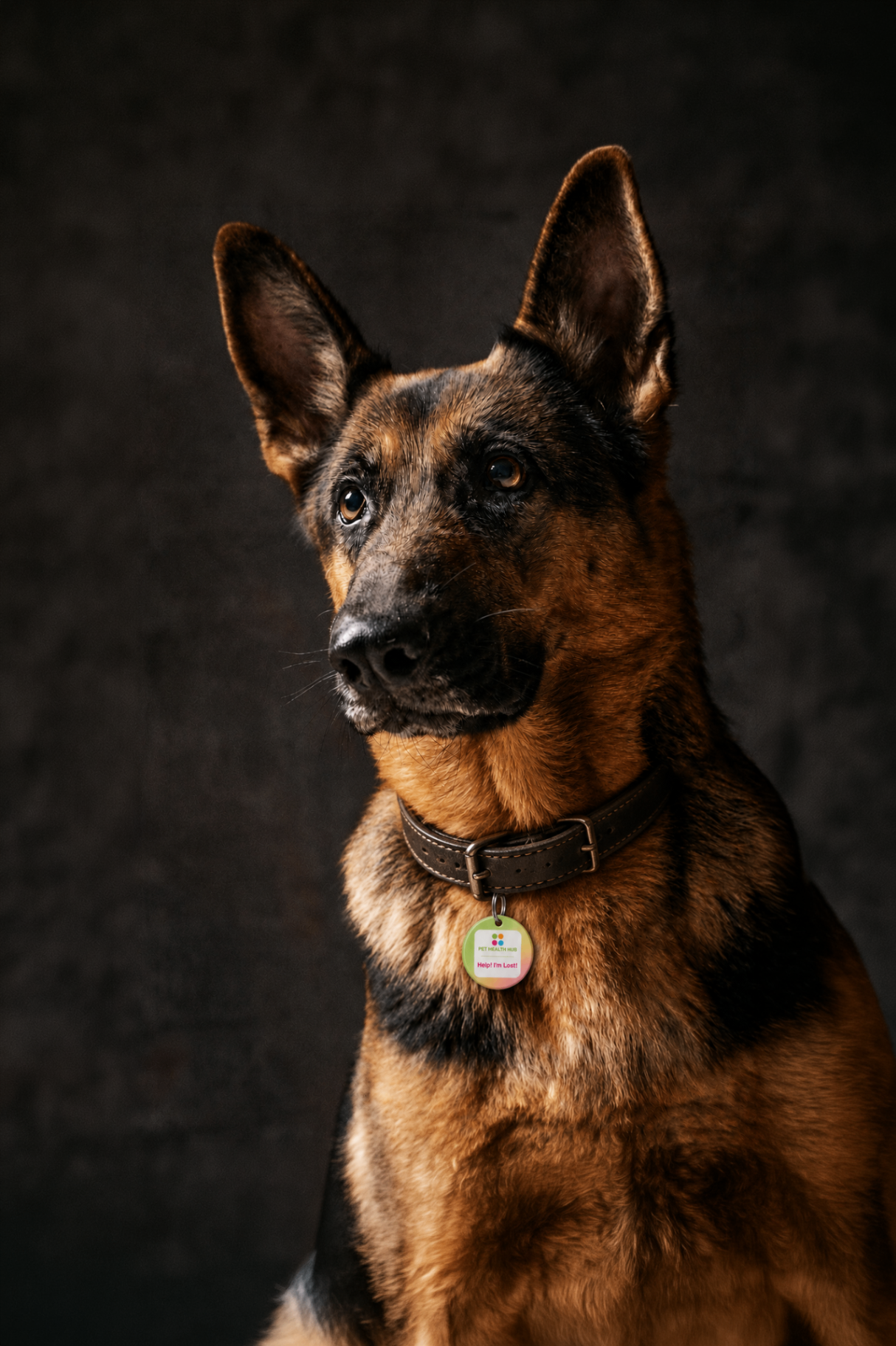 German Shepherd wearing the Pet Health Hub QR pet ID tag on a leather collar, studio portrait
