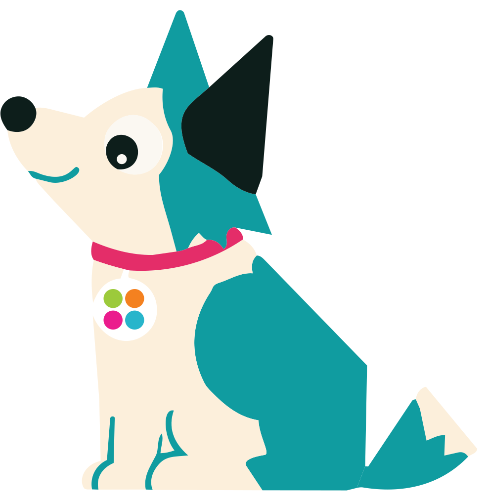 Illustration of Dash the Australian cattle dog, Pet Health Hub mascot, wearing a QR pet ID tag