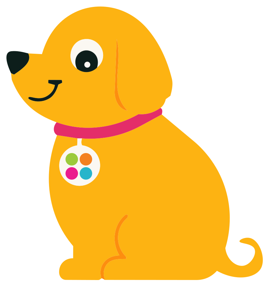 Illustration of Sunny the golden retriever, Pet Health Hub mascot, wearing a free QR pet ID tag
